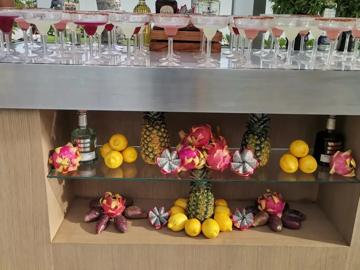 Barra preparada con filas de copas, frutas tropicales, botellas y dos personas detrás.