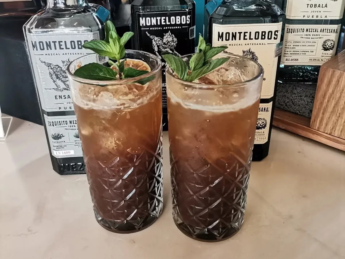 Two dark cocktails with ice and green leaves in front of mezcal bottles.