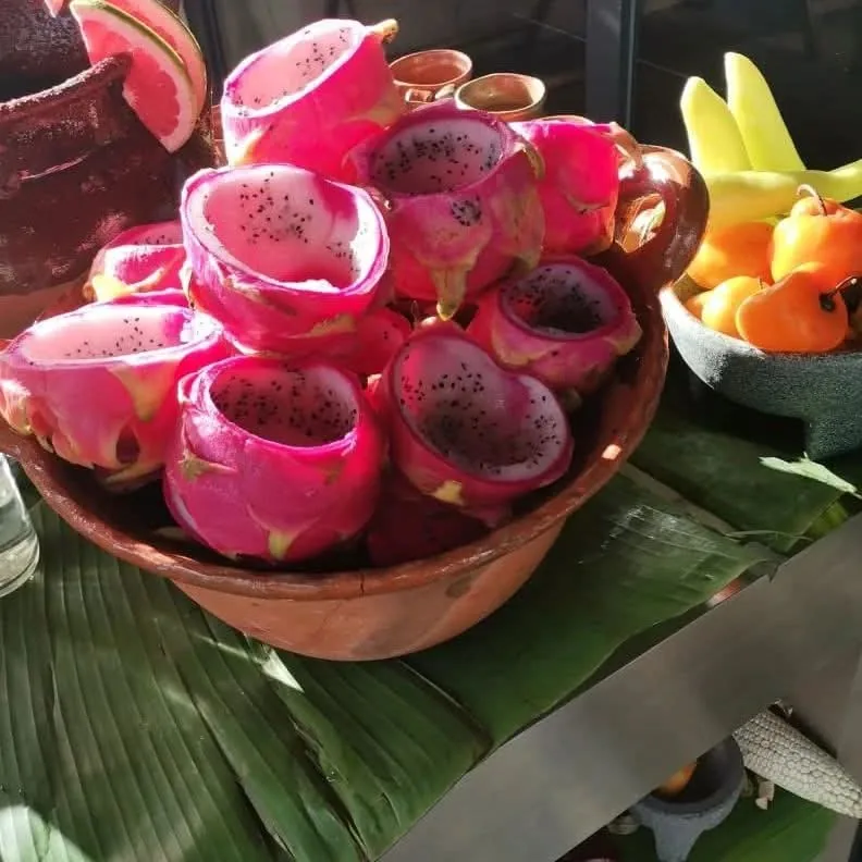 Mitades de pitaya de cáscara rosa colocadas en un cuenco sobre hojas verdes.